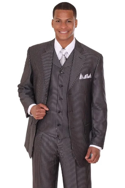 Men's luxury tuxedo for office party -Fortino Landi Men's Shiny Sharkskin Pinstripe 3-Button Suit in Black