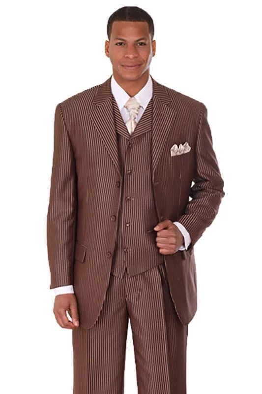 Men's tailored tuxedo jacket for wedding evening -Fortino Landi Men's 3-Button Vested Sharkskin Narrow Pinstripe Suit in Brown