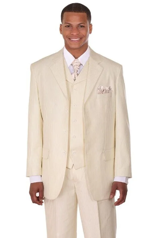 Men's business tuxedo for wedding guests -Sleek Ivory Cream Sharkskin Narrow Pinstripe Vested Suit - Fortino Landi