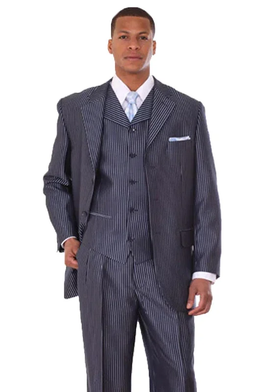 Men's modern tuxedo jacket with satin collar for office -"Fortino Landi Navy Blue Vested Shiny Sharkskin 3-Button Narrow Pinstripe Suit"