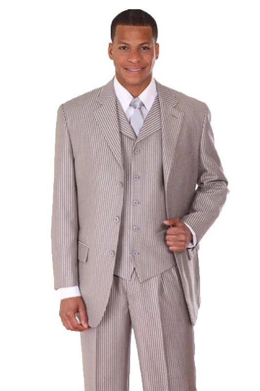 Men's classic tuxedo jacket with satin collar for business -"Fortino Landi Silver Grey 3-Button Suit: Sophisticated Shark Skin Pinstripe Look"