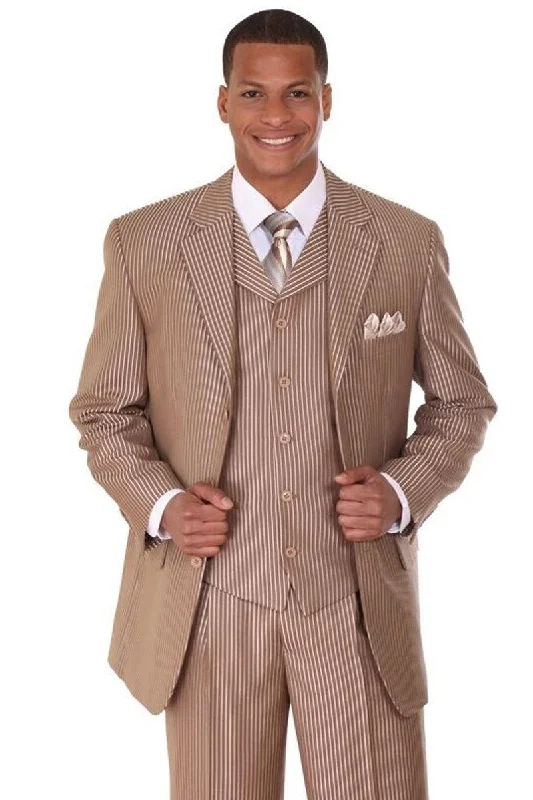 Men's elegant tuxedo for wedding and formal events -"3-Button Narrow Sharkskin Pinstripe Suit | Tan | Fortino Landi"