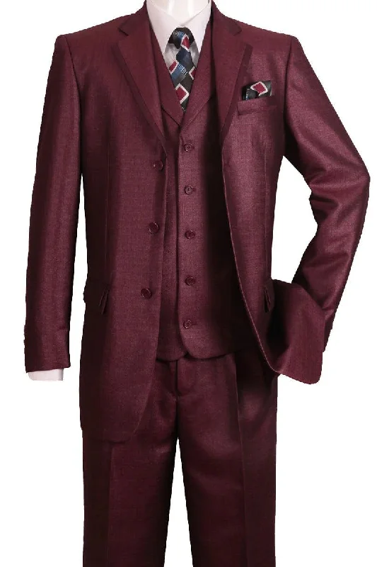 Men's luxury black tuxedo jacket for wedding events -Fortino Landi Burgundy Sharkskin Vested Church Suit - 3-Btn Textured Shine