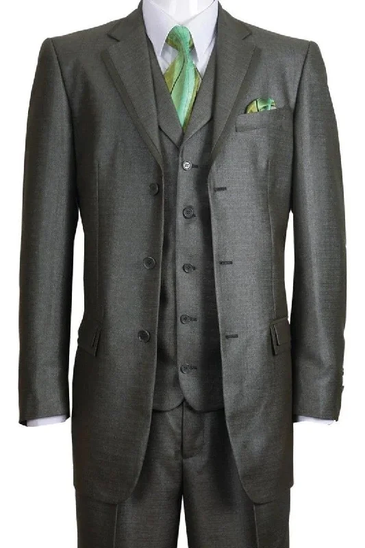 Men's designer tuxedo jacket with satin collar for wedding -"Olive Green Fortino Landi Sharkskin 3-Button Vested Church Suit"