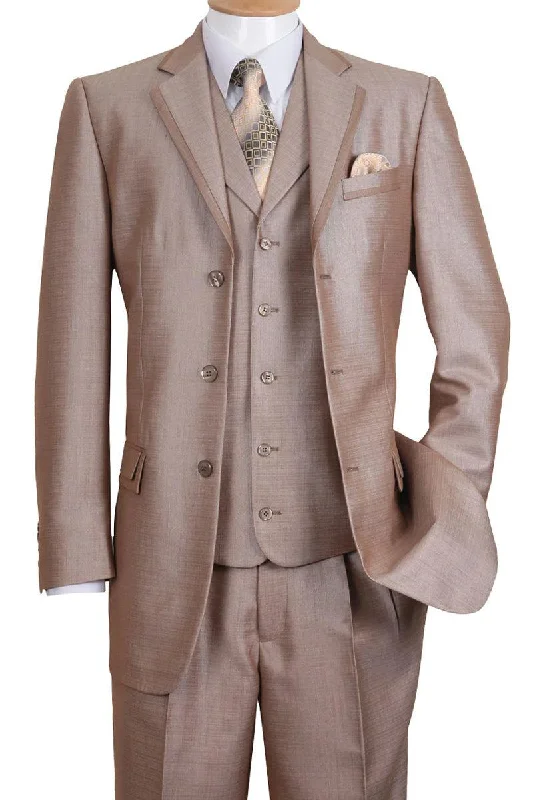 Men's tailored tuxedo for formal wedding event -Fortino Landi Men's Tan Textured Sharkskin 3 Button Vested Church Suit