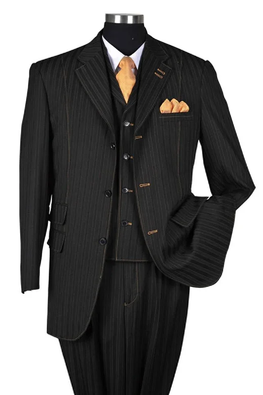 Men's slim fit tuxedo with satin finish for special occasion -"Men's Black Tonal Pinstripe 3-Button Vested Suit by Fortino Landi"