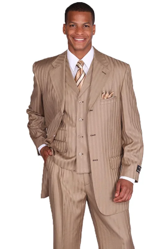 Men's luxury tuxedo jacket for evening reception -Fortino Landi Mens 3-Button Vested Tan Pinstripe Suit: Timeless Fashion for the Modern Gentleman