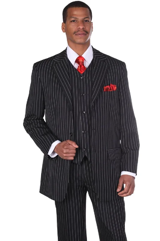 Men's formal tuxedo for black tie business events -Fortino Landi Men's 3-Button Vested Gangster Pinstripe Suit in Black