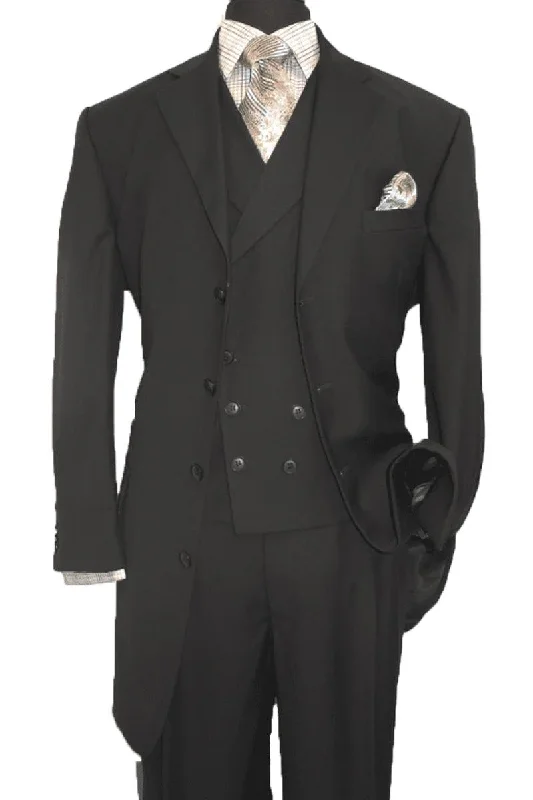 Best tuxedo for high-profile corporate gatherings -Modern Men's Black Suit: Fortino Landi 4 Button with Double Breasted Vest