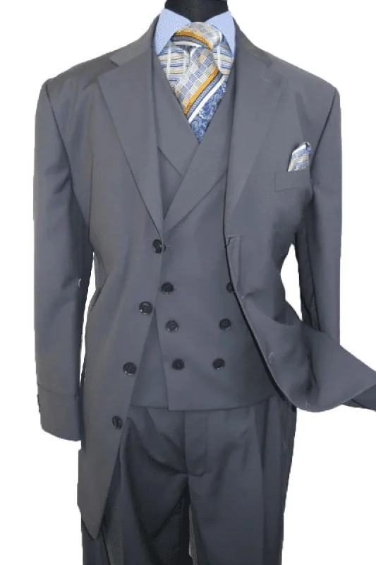 Men's slim fit tuxedo jacket for office dinner party -Fortino Landi Men's 4-Button Grey Double-Breasted Fashion Suit