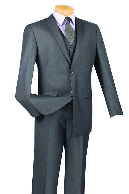 Men's slim fit tuxedo with satin finish for dinner party -Vinci Men's Charcoal Vested Slim Fit 2-Btn Suit