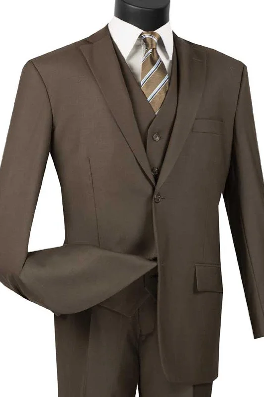 Men's slim fit tuxedo jacket for evening event -Vinci 2-Button Brown Vested Suit: Classy Menswear for Any Occasion