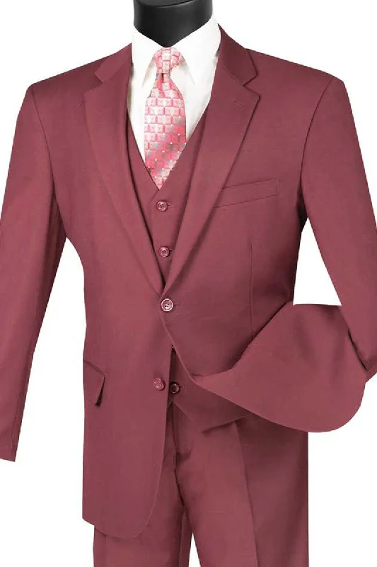 Men's premium black tuxedo jacket with satin collar -Vinci Men's Burgundy Basic 2-Button Vested Suit