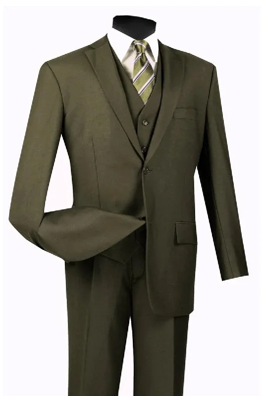 Men's wool tuxedo jacket for black tie events -Vinci's 2-Button Olive Vested Suit: Stylish & Refined Menswear