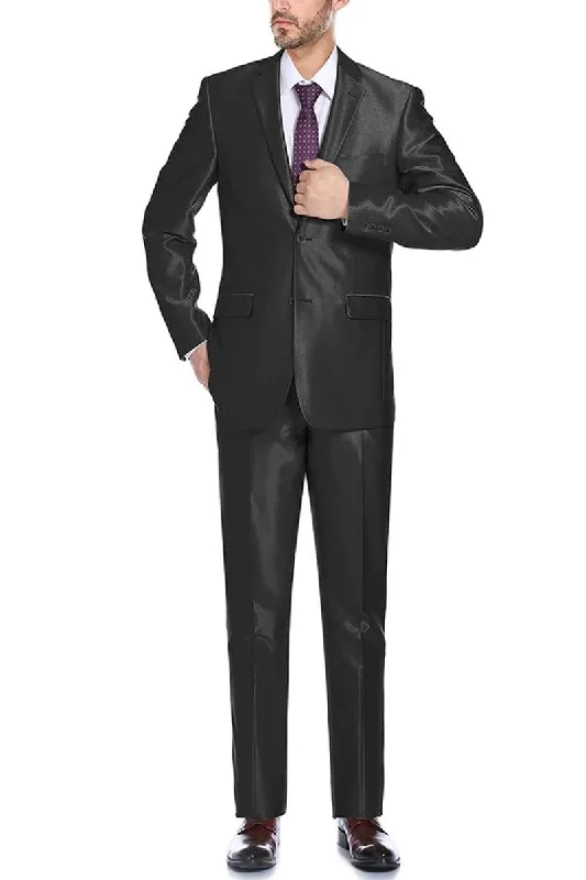 Men's premium tuxedo jacket for evening event -Renoir Men's Classic Fit Sharkskin Shiny Black Two-Button Suit w/ Optional Vest