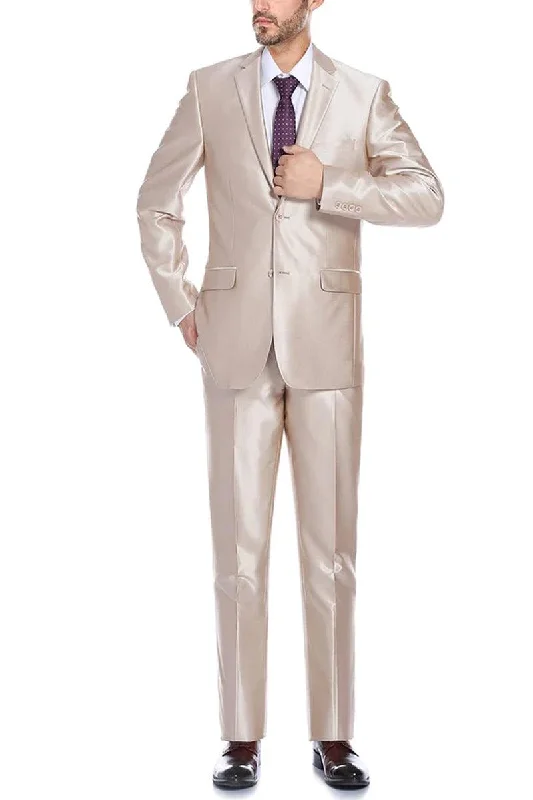 Men's formal tuxedo with satin lapels for office event -Renoir Men's Classic Fit Suit & Optional Vest in Champagne Tan Sharkskin