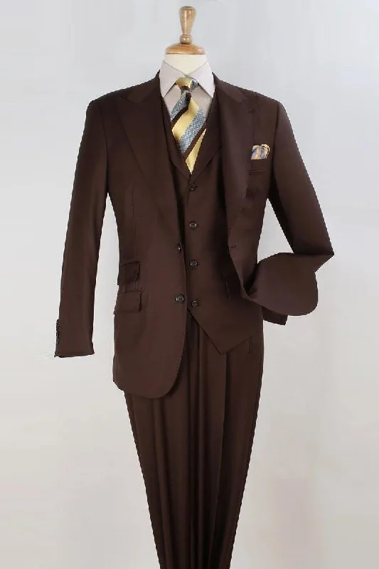 Men's premium tuxedo for corporate gala -Apollo King Super 150s Merino Wool Brown Vested Suit with Wide Peak Lapel