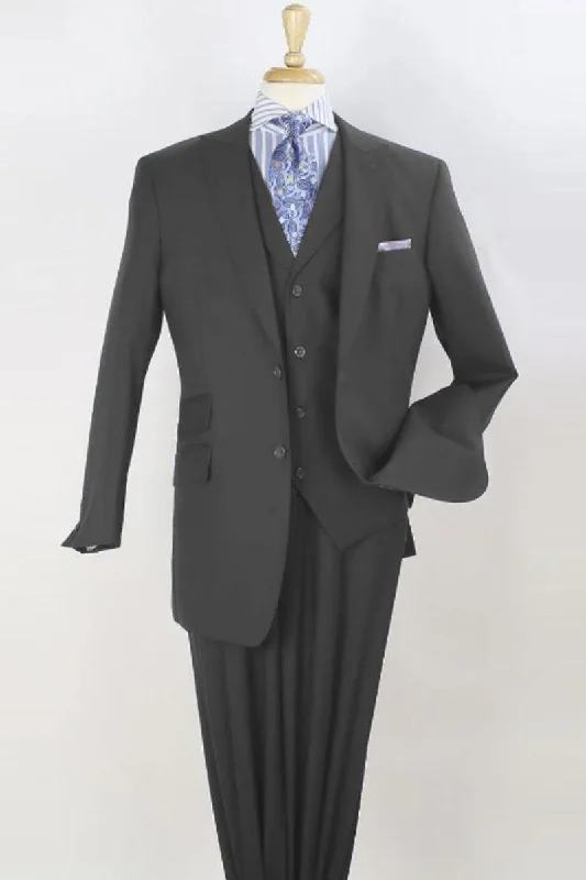 Men's luxury black tuxedo jacket for wedding events -Apollo King Merino Wool Charcoal Vested Suit - Wide Peak Lapel