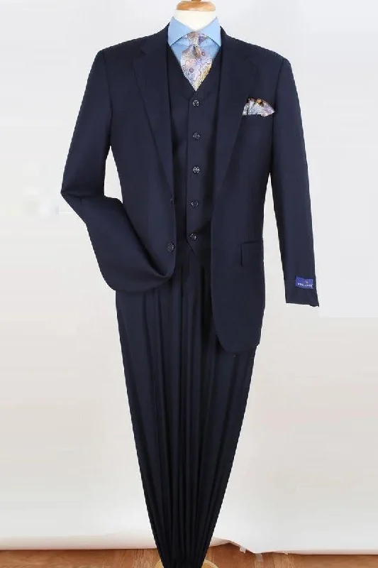 Men's formal tuxedo jacket with satin lapels for gala -"Apollo King Navy Blue Classic Fit 2-Button Vested Pant Suit"