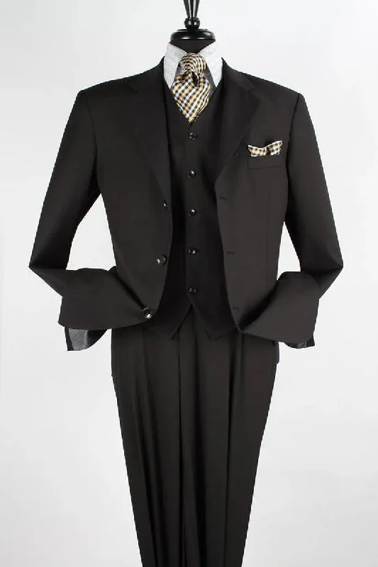 Men's slim fit tuxedo for wedding reception -Classic Vested Pant Suit by Apollo King - Men's 3 Button, Single Pleat Black