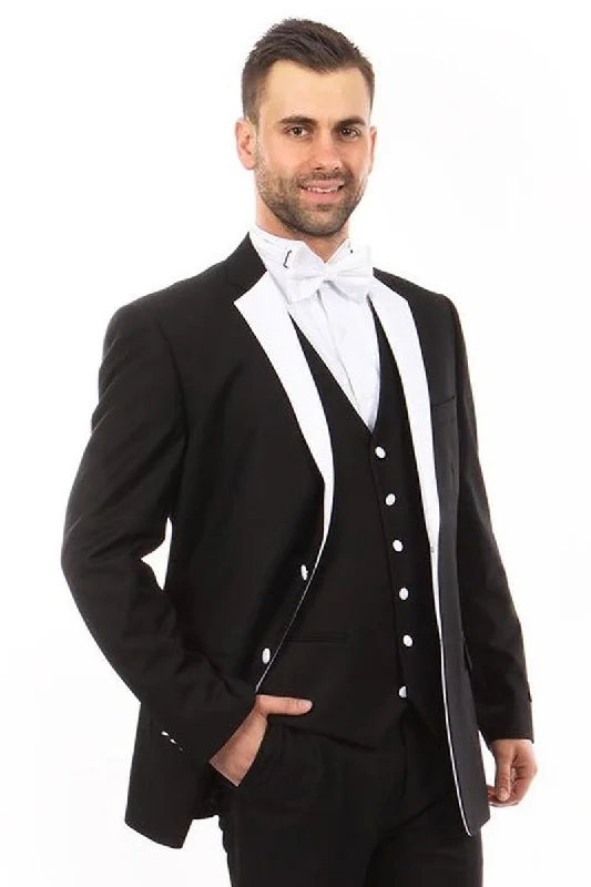 Men's wool tuxedo jacket for office events -Bryan Michaels Men's Classic Black & White Notch Tuxedo Vested Suit