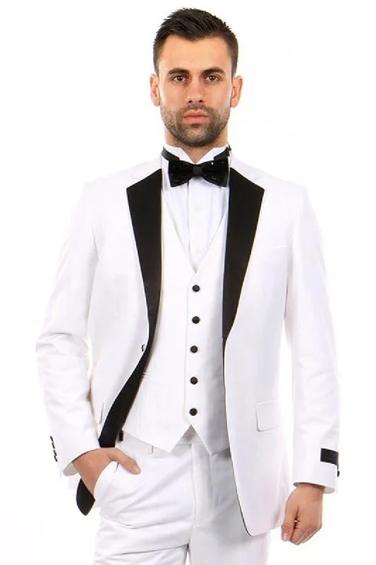 Men's designer tuxedo for dinner gala -"Bryan Michaels Men's White & Black Classic Notch Vested Tuxedo"