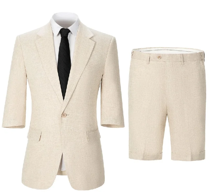 Men's premium tuxedo for business reception -Men's Cotton and Linen Solid Notch Lapel Suit Suit Shorts Two-piece Set