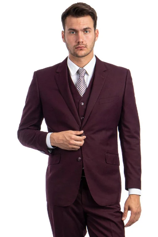 Men's premium black tuxedo jacket for wedding events -Men's Zegarie Wool Suit - Vested Design, Modern Fit, Burgundy