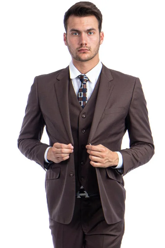 Men's luxury tuxedo for office party -Men's Zegarie Cocoa Brown Wool Suit: Two-Button Modern Fit Vested Design