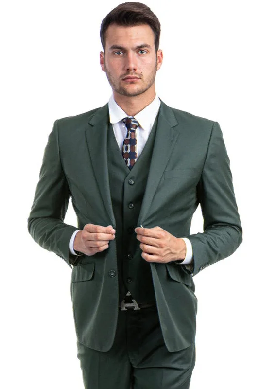 Men's tailored tuxedo jacket for business dinner event -"Men's Zegarie Olive Green Vested Wool Suit: Modern Fit & 2 Buttons"