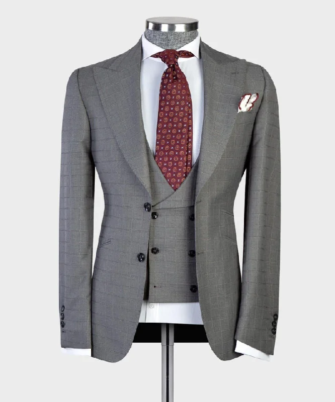 Men's grey wool tuxedo for evening business events -3 pieces Men’s Grey Plaid Suit