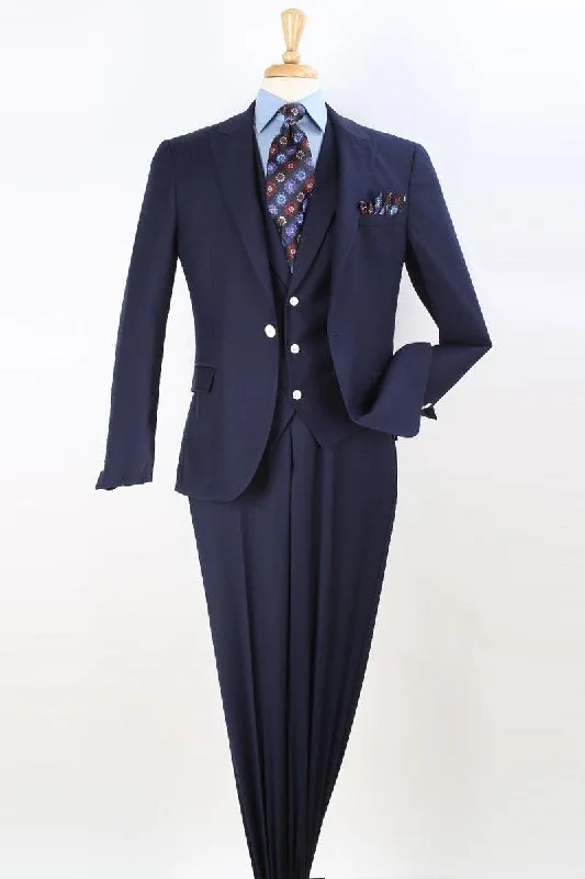 Men's modern tuxedo jacket with satin collar for office -"Apollo King Men's Navy Vested Suit: Modern Fit & Peak Lapel"