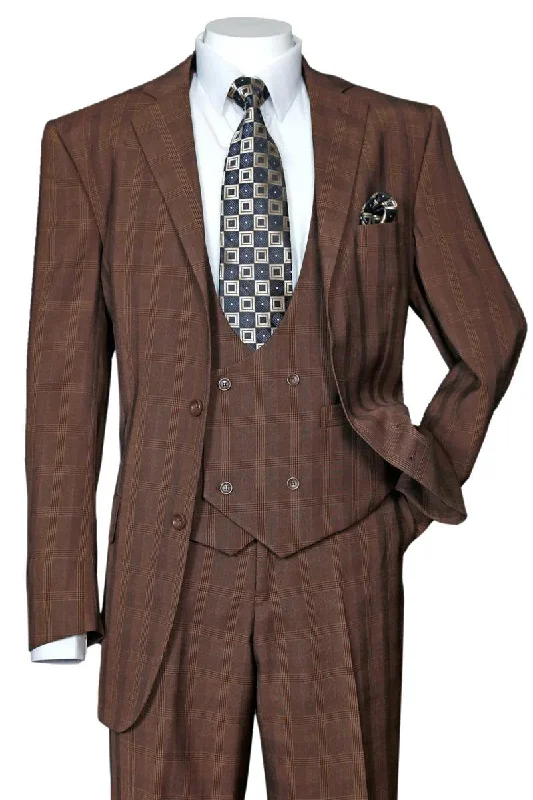 Men's slim fit tuxedo jacket for evening event -Fortino Landi Men's Brown Plaid Wdwpn Suit w/ Double-Breasted Scoop Vest