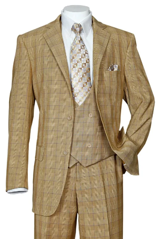 Men's modern tuxedo with satin lapels for office -NEW TITLE: Fortino Landi Mens Tan Plaid Double-Breasted Windowpane Suit w/Scoop Vest