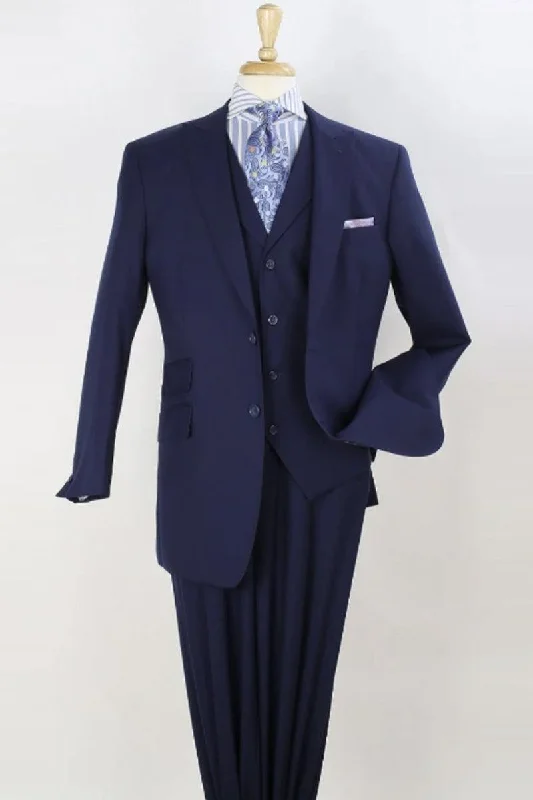 Men's business tuxedo for wedding guests -Men's Apollo King Super 150's Merino Wool Navy Vested Suit w/Wide Peak Lapel