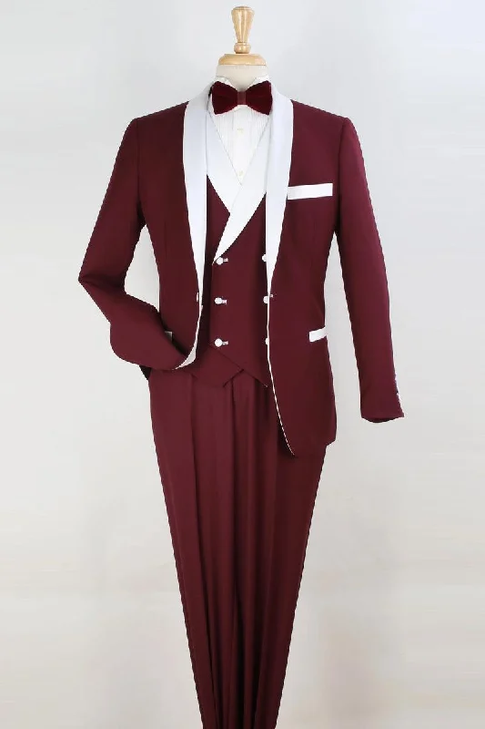 Men's slim fit tuxedo with satin finish for dinner party -"Royal Diamond One-Button Tuxedo Shawl Vest - Double Breasted Burgundy & White"