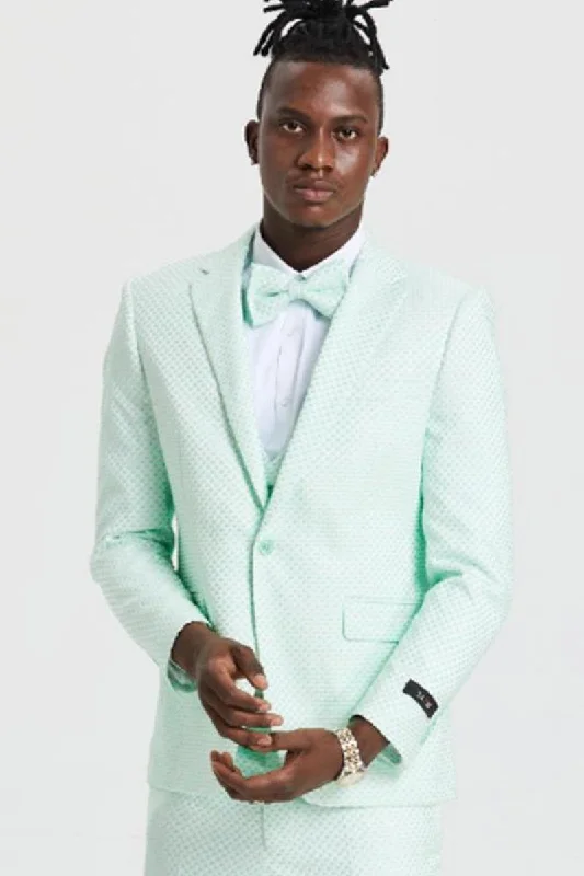 Men's designer tuxedo for wedding guests -Men's Mint Green Polka Dot Tazio 1-Button Suit - Double Breasted Vest Notch Lapel Totally Prom Ready