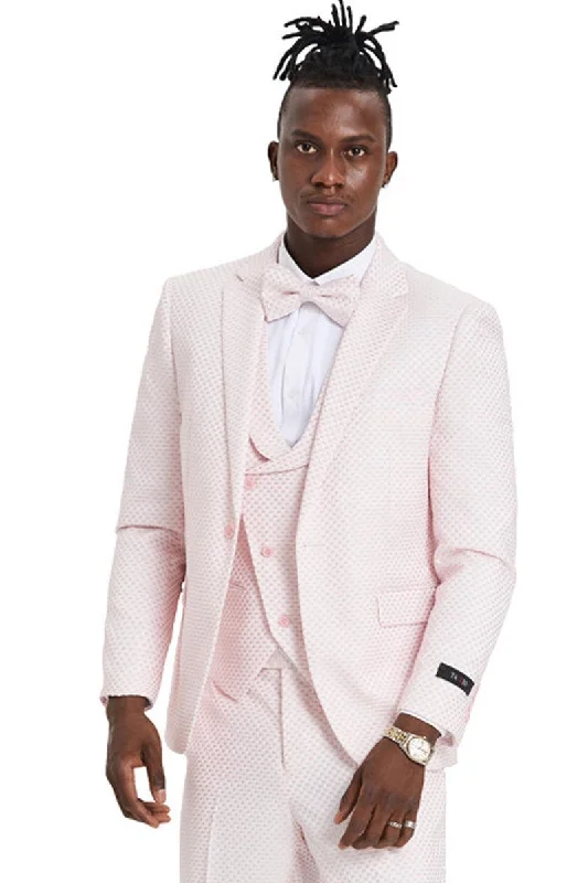 Men's slim fit tuxedo with satin finish for office -Tazio Pink Polka Dot Suit: One-Button, Notch Lapel, Double-Breasted Wedding & Prom Vest