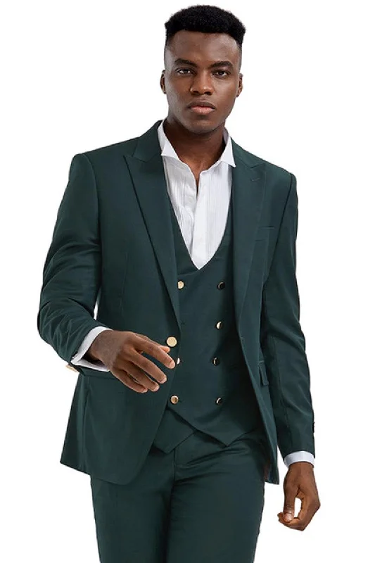 Men's formal tuxedo with satin lapels for office event -New Men's Tazio Hunter Green Vested Suit with Gold Buttons & Peak Lapel