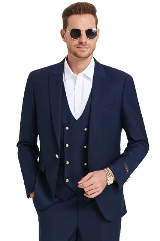 Men's tailored tuxedo for office holiday party -Tazio Men's One-Button Navy Suit with Gold Peak Lapel & Buttons