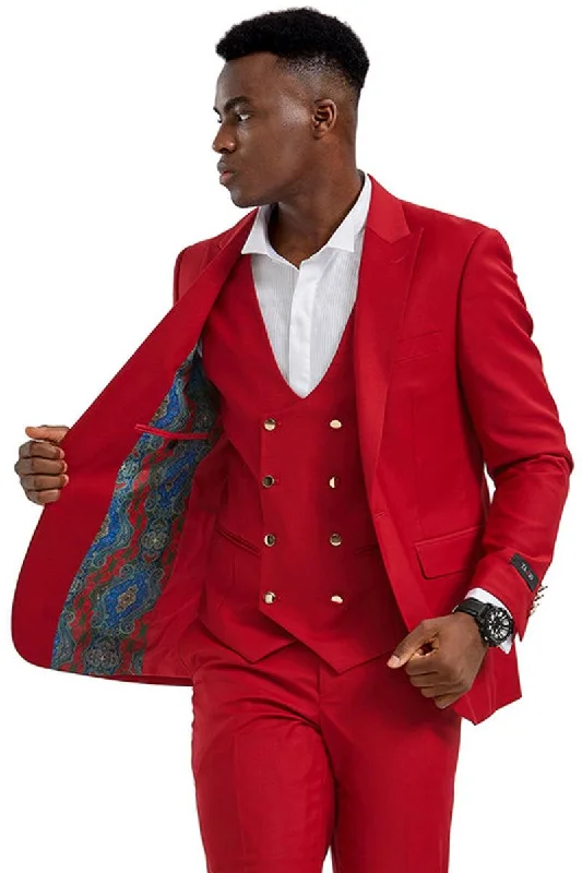 Men's luxury tuxedo jacket for wedding event -Tazio Men's Red Vested Suit w/ Gold Buttons - Peak Lapel 1-Btn