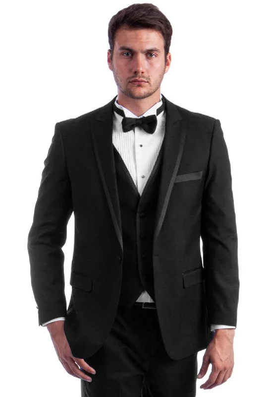 Men's wool tuxedo for wedding guest event -Men's Azzuro Peak Tuxedo with Satin Trim in Black