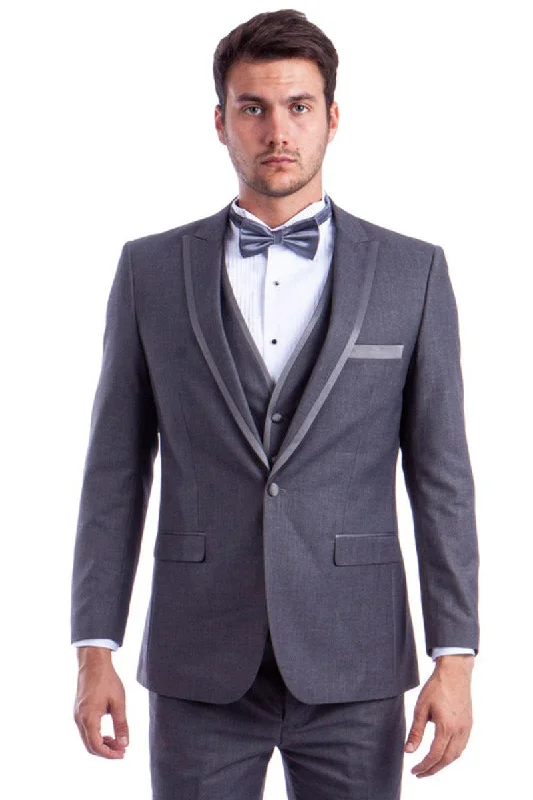 Men's formal tuxedo for business lunch event -Azzuro Men's Grey 1-Btn Peak Wedding Tuxedo w/ Luxe Satin Trim