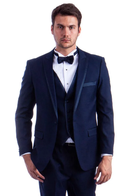 Men's designer tuxedo for corporate evening party -Milano

Men's Navy Blue One-Button Tuxedo w/ Satin Trim by Azzuro Milano