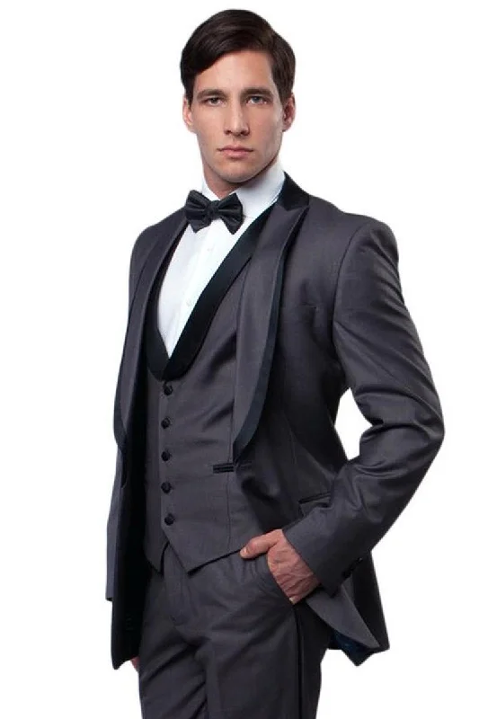 Men's slim fit tuxedo with satin collar for formal dinner -"Bryan Michaels Charcoal Grey Satin-Trimmed Tuxedo with Peak Lapel Vesting"