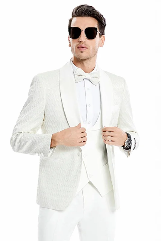 Men's slim fit tuxedo for wedding reception -"Ivory Tazio Wedding Tuxedo | One-Button Vested Honeycomb Lace".