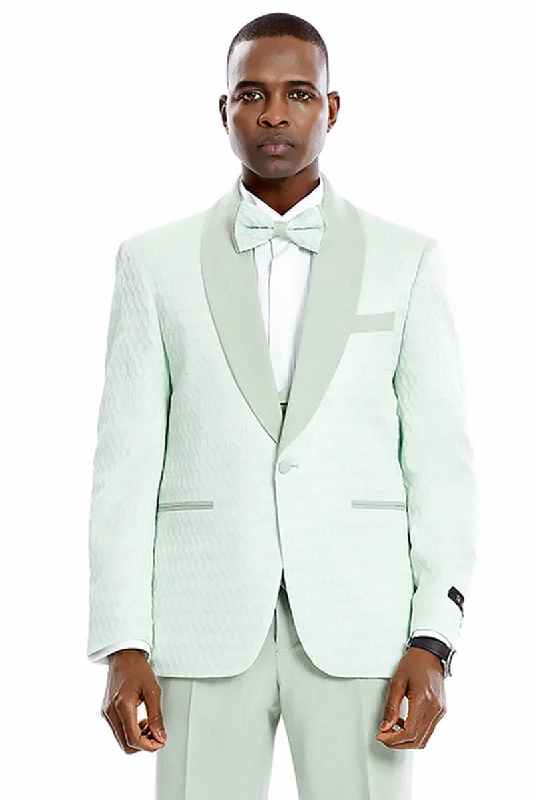 Men's premium tuxedo for corporate gala -Men's Tazio One-Button Vested Honeycomb Lace Design Mint Green Wedding & Prom Tuxedo