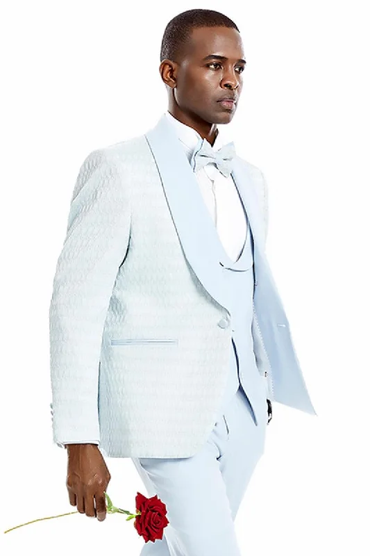 Men's designer tuxedo jacket with satin collar for wedding -Men's Sky Blue Tuxedo w/ Honeycomb Lace Vest - Perfect for Weddings & Proms.