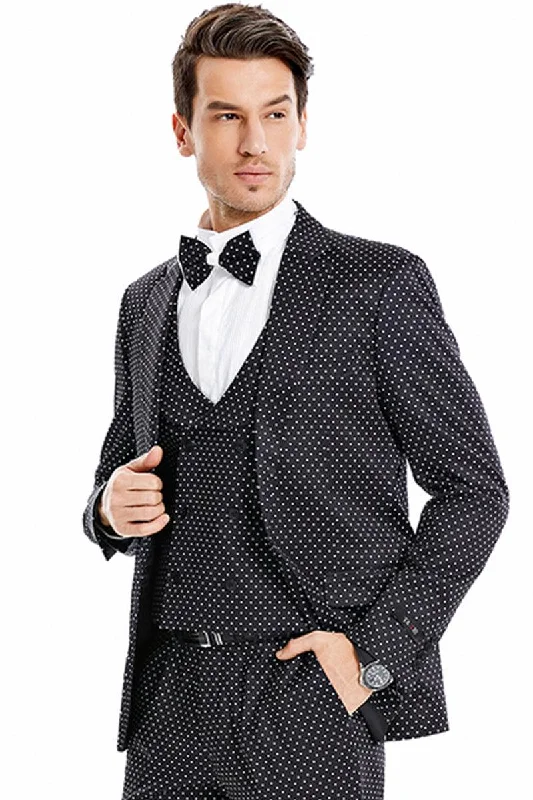 Men's premium tuxedo for formal business events -Tazio Men's One-Button Vested Prom Suit, Black & White Mini Polka Dot