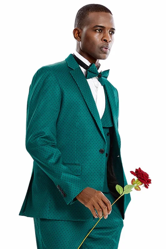 Men's tailored tuxedo jacket for black tie event -Tazio Men's Vested Green/Black Polka Dot Prom Suit w/One Button